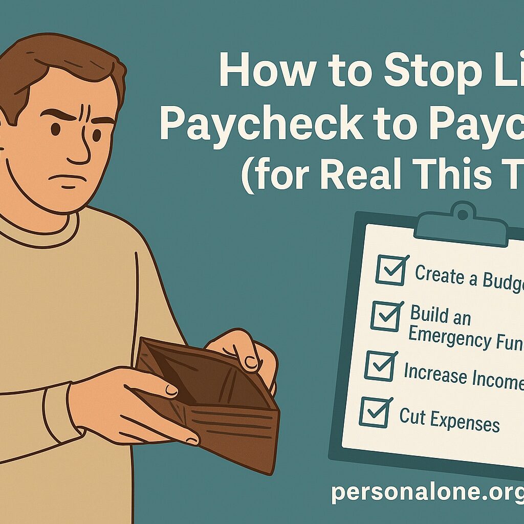 Person holding an empty wallet looking determined to stop living paycheck to paycheck