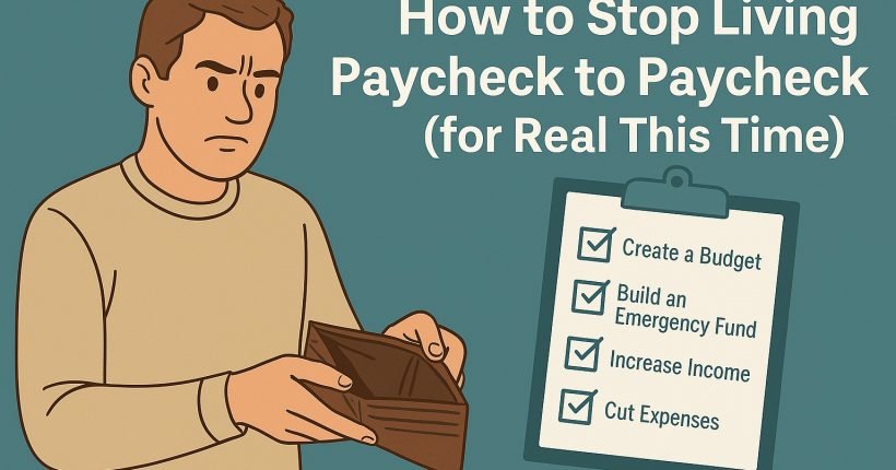 Person holding an empty wallet looking determined to stop living paycheck to paycheck
