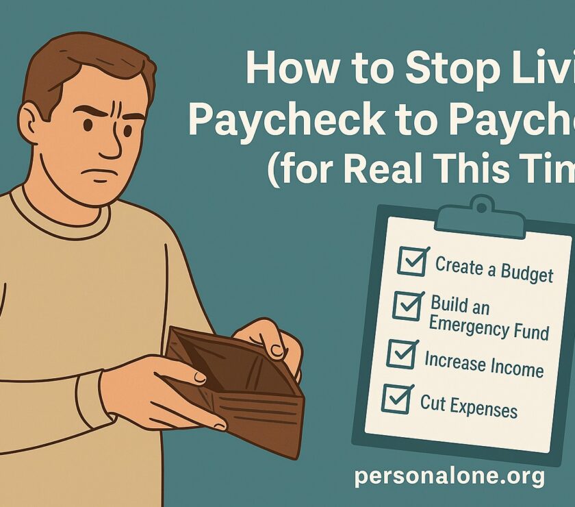 Person holding an empty wallet looking determined to stop living paycheck to paycheck