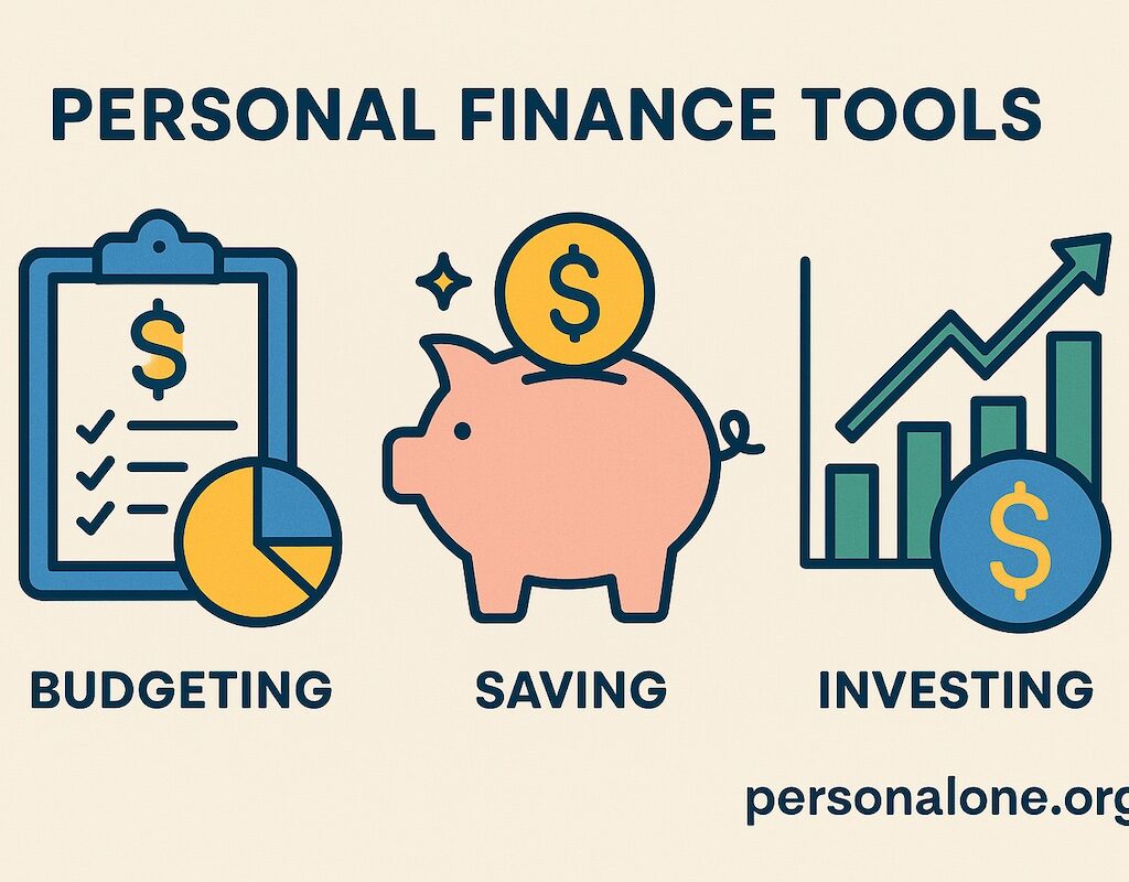 Illustration of personal finance tools with icons representing budgeting, saving, and investing