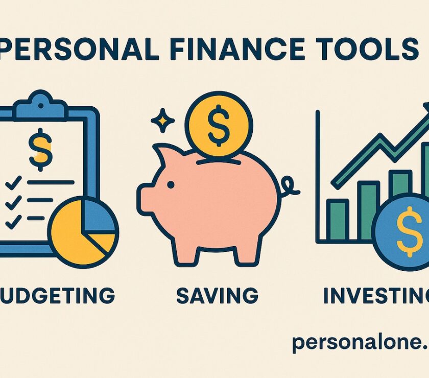Illustration of personal finance tools with icons representing budgeting, saving, and investing