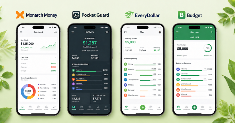 4 top budgeting apps lie in green background