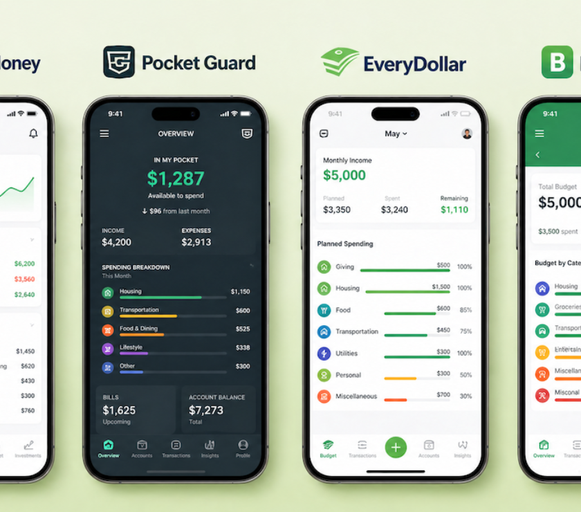 4 top budgeting apps lie in green background