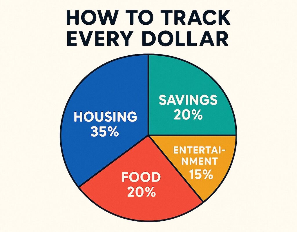 Colorful pie chart showing how to track every dollar using a budget with categories like housing, savings, food, and entertainment