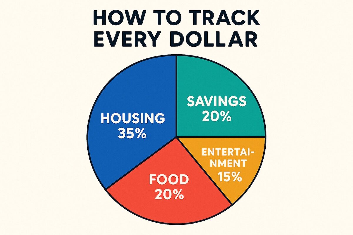 Colorful pie chart showing how to track every dollar using a budget with categories like housing, savings, food, and entertainment