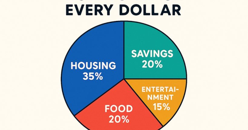 Colorful pie chart showing how to track every dollar using a budget with categories like housing, savings, food, and entertainment