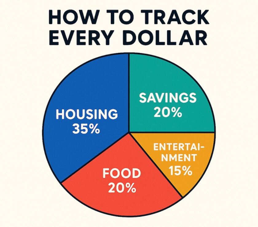 Colorful pie chart showing how to track every dollar using a budget with categories like housing, savings, food, and entertainment