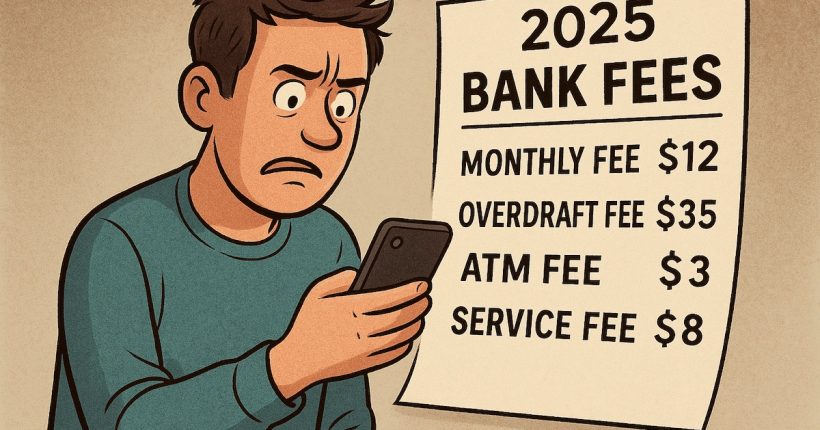 A frustrated bank customer looking at multiple fee charges with a phone in hand, representing common bank fees in 2025