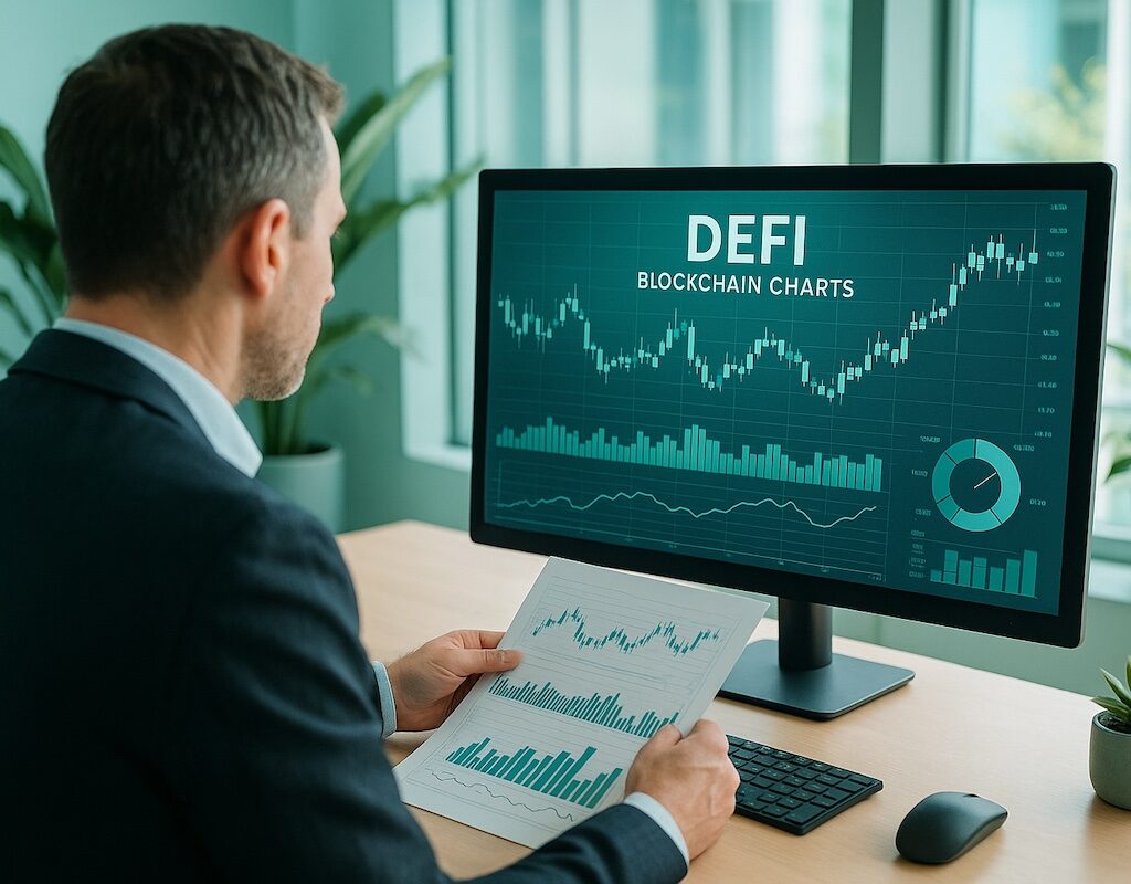 Businessperson reviewing DeFi blockchain charts in a modern office