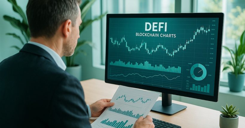 Businessperson reviewing DeFi blockchain charts in a modern office
