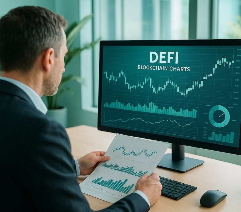 Businessperson reviewing DeFi blockchain charts in a modern office