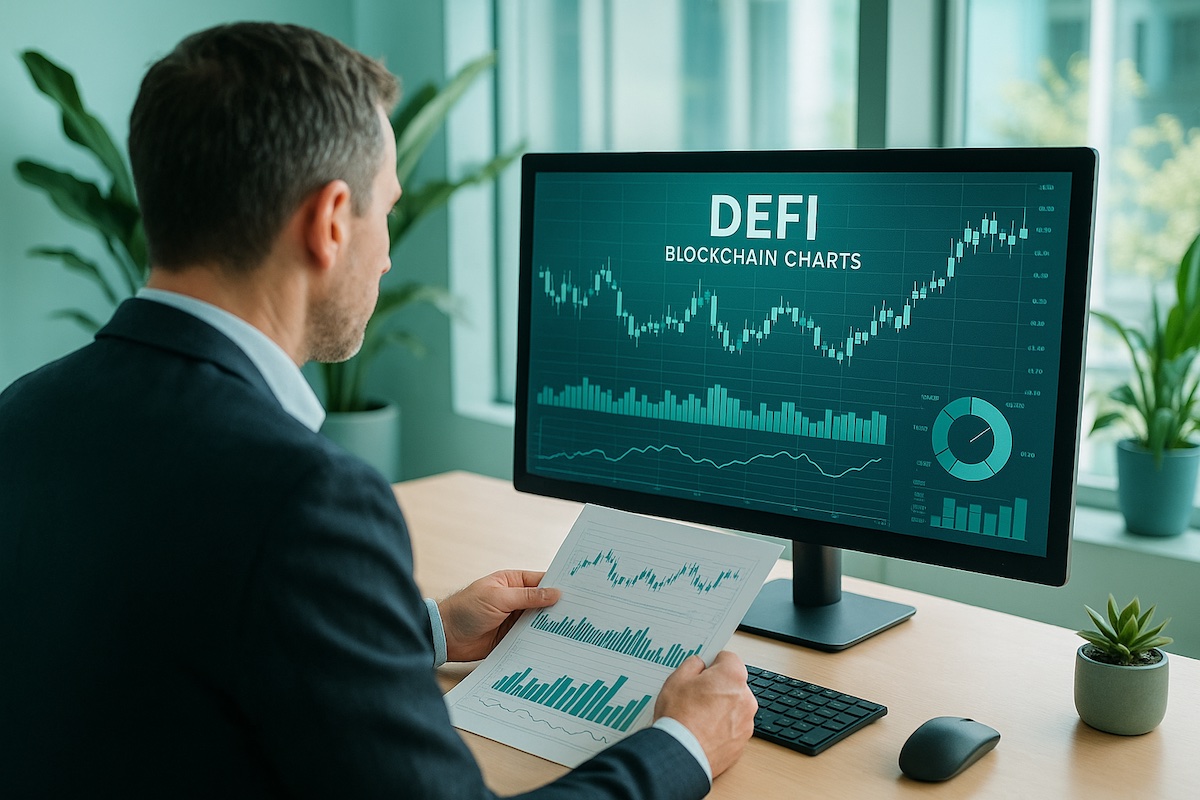 Businessperson reviewing DeFi blockchain charts in a modern office