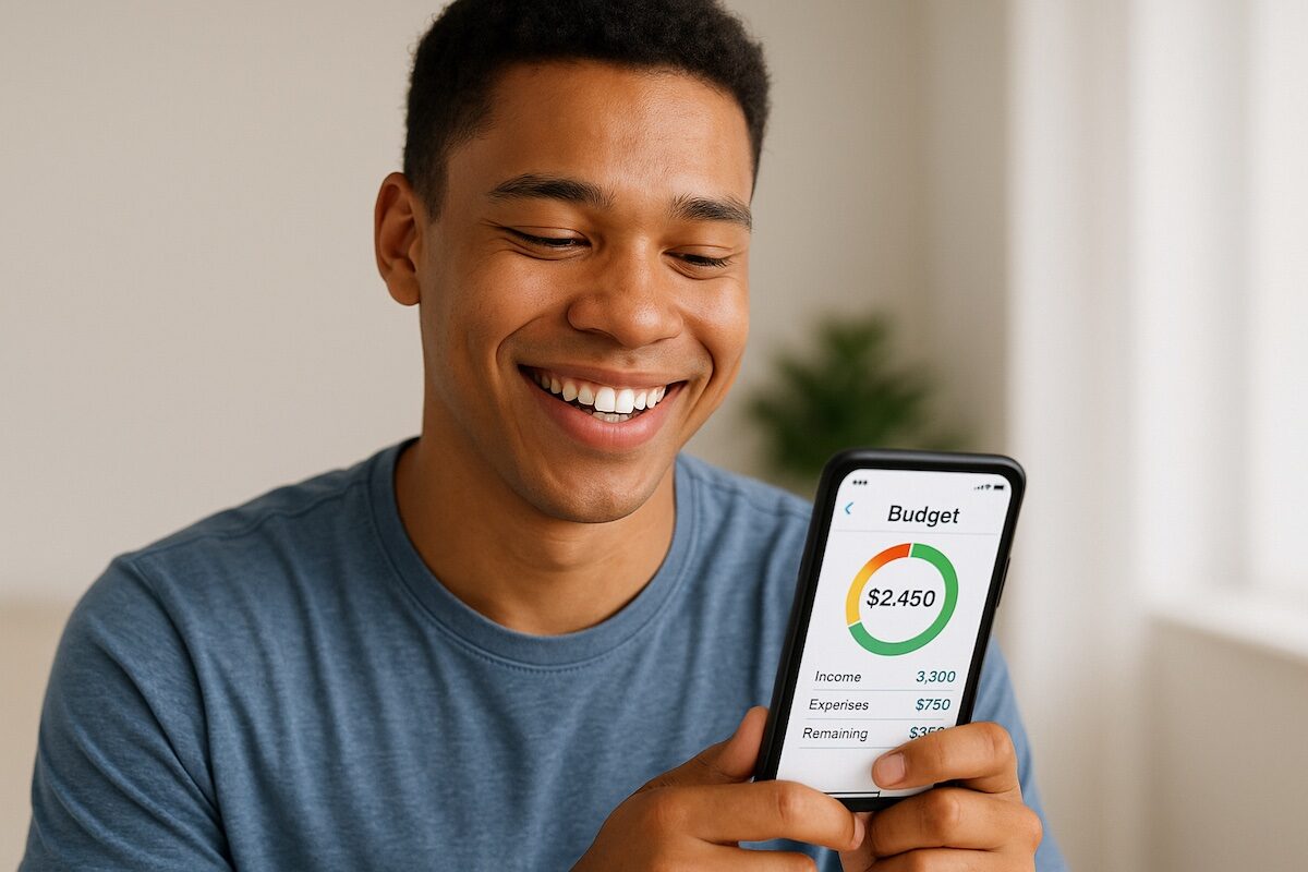 Young adult smiling while reviewing monthly budget hack on a app on iphone