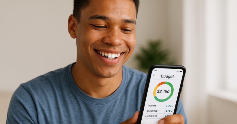 Young adult smiling while reviewing monthly budget hack on a app on iphone