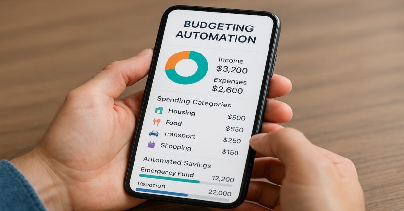 Person holding a smartphone displaying a budgeting automation app with charts, spending categories, and automated savings goals on screen