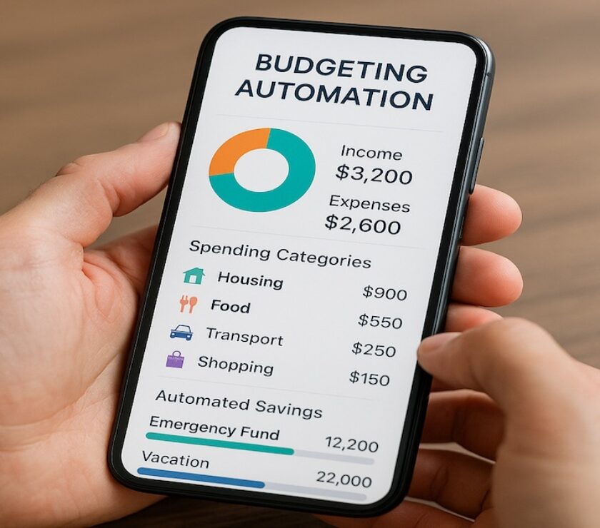 Person holding a smartphone displaying a budgeting automation app with charts, spending categories, and automated savings goals on screen