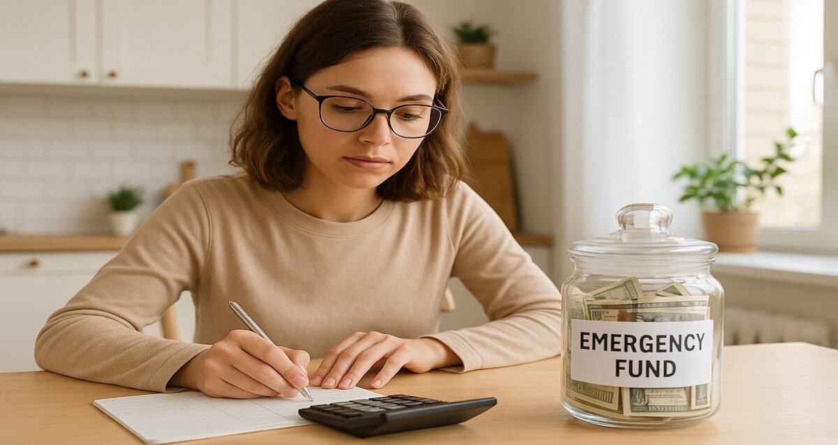 Woman use break the broke cycle program is calculating budget with emergency fund jar on a table.