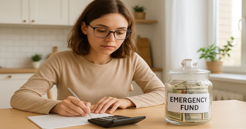 Woman use break the broke cycle program is calculating budget with emergency fund jar on a table.