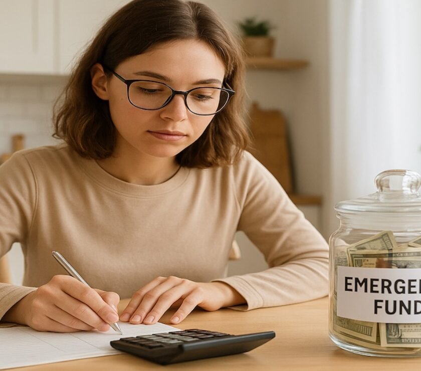 Woman use break the broke cycle program is calculating budget with emergency fund jar on a table.