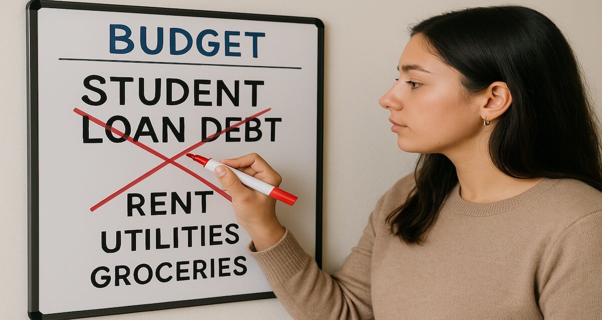 Young adult navigating student debt and crossing out “student loan debt” on a budget whiteboard