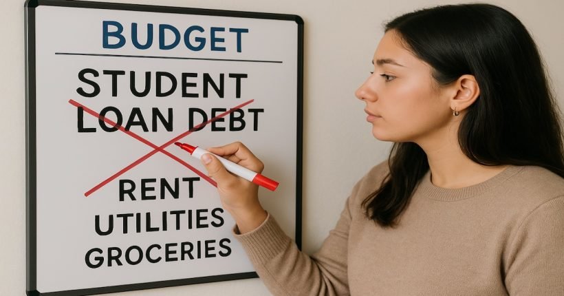 Young adult navigating student debt and crossing out “student loan debt” on a budget whiteboard