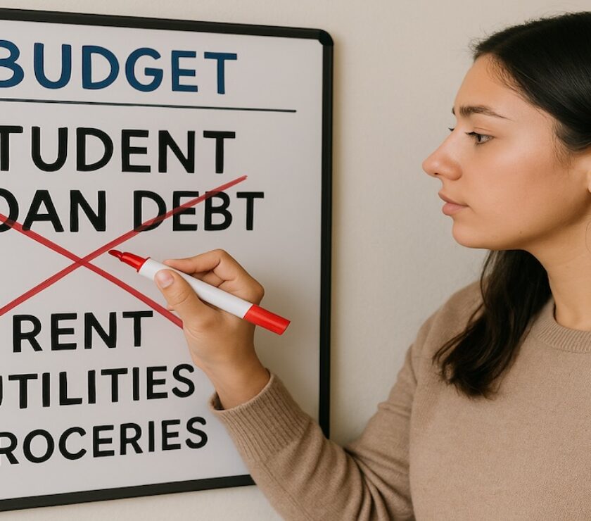 Young adult navigating student debt and crossing out “student loan debt” on a budget whiteboard