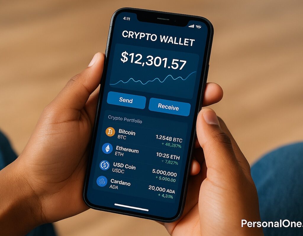 A smartphone displaying one of crypto apps interface with young hands holding it