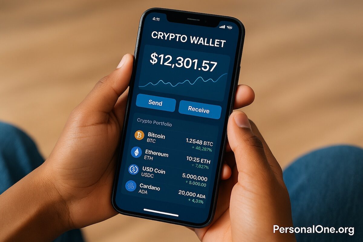 A smartphone displaying one of crypto apps interface with young hands holding it