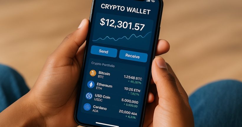 A smartphone displaying one of crypto apps interface with young hands holding it