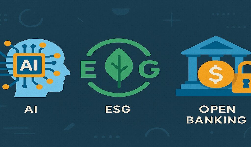 Abstract digital finance icons representing AI, ESG, and open banking