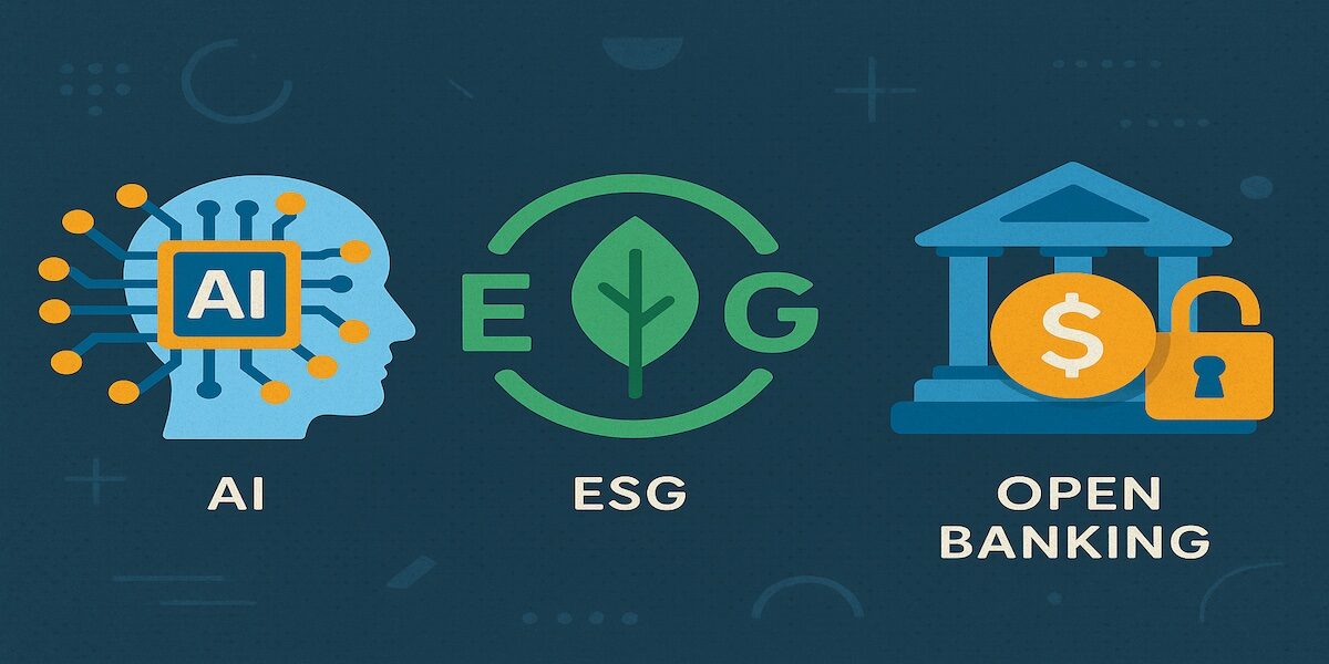 Abstract digital finance icons representing AI, ESG, and open banking