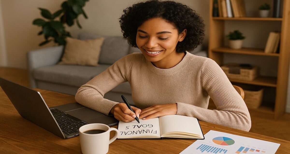 Young adult confidently undergoing money mindset shifts in her pursuit of goals with laptop and coffee in cozy space