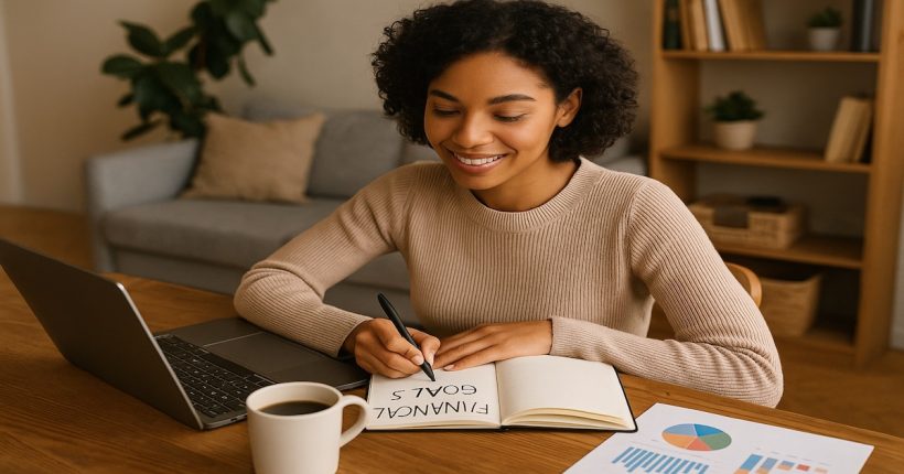 Young adult confidently undergoing money mindset shifts in her pursuit of goals with laptop and coffee in cozy space