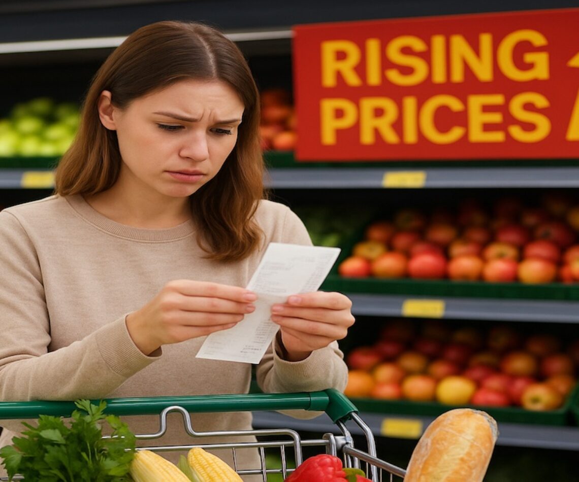 Young adult looking at a grocery bill with rising prices effects of inflation in the background