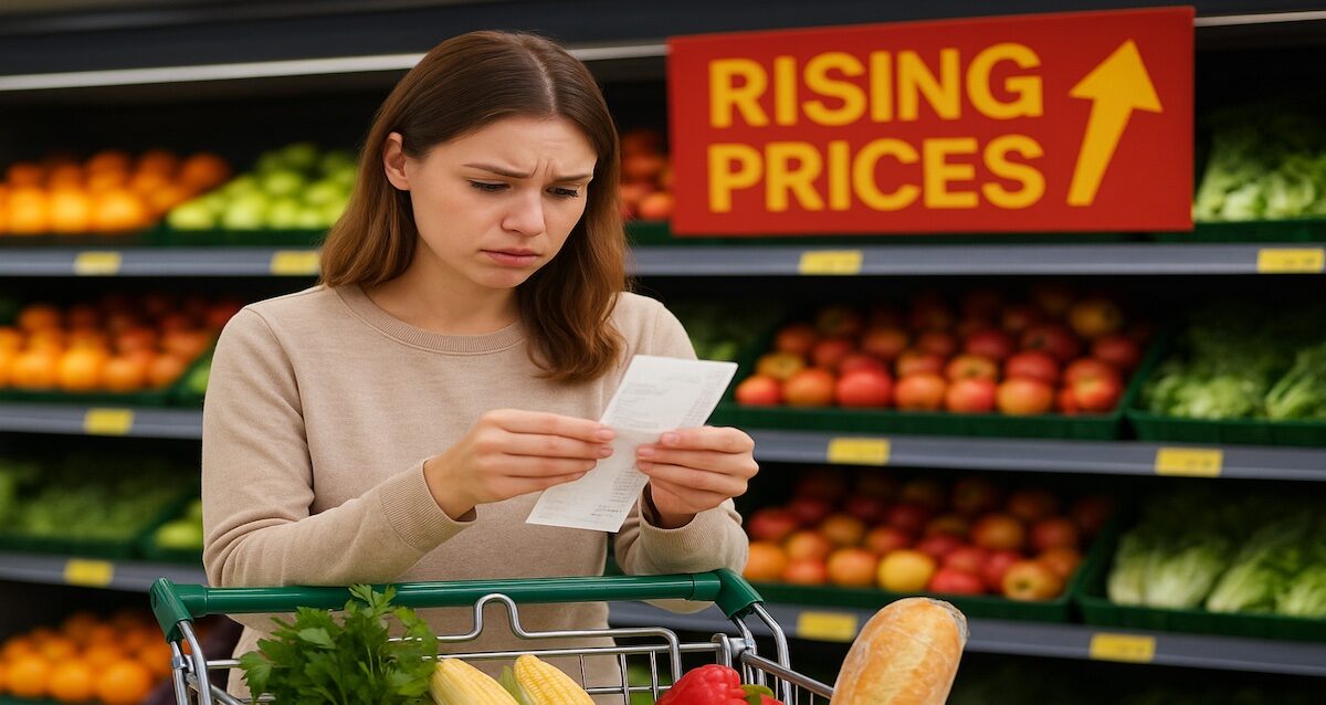 Young adult looking at a grocery bill with rising prices effects of inflation in the background