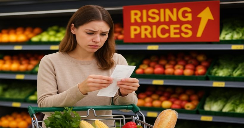 Young adult looking at a grocery bill with rising prices effects of inflation in the background