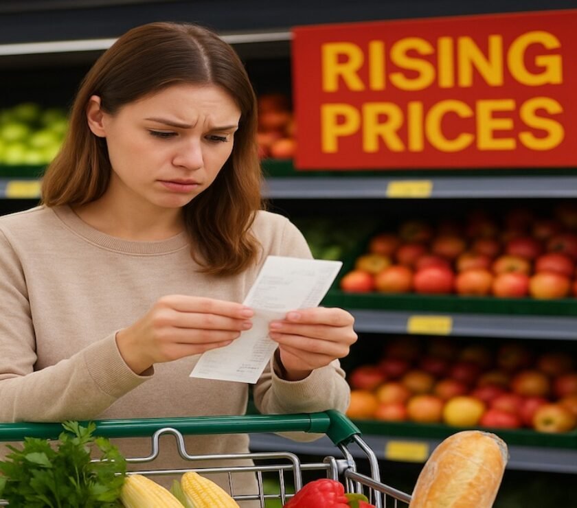 Young adult looking at a grocery bill with rising prices effects of inflation in the background