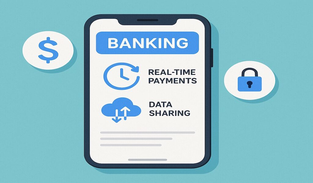Image of of smartphone with banking app showing real-time payments and data sharing icons