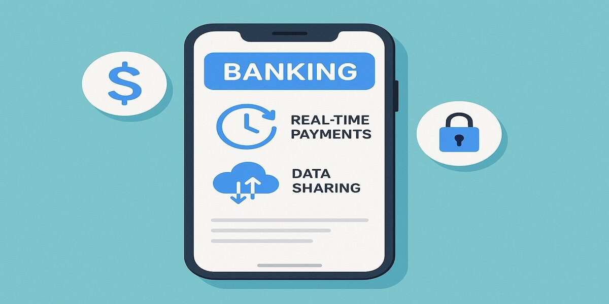 Image of of smartphone with banking app showing real-time payments and data sharing icons