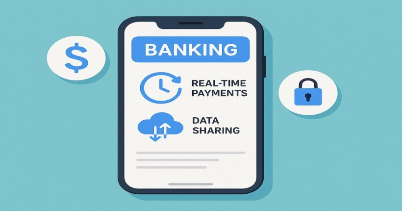 Image of of smartphone with banking app showing real-time payments and data sharing icons