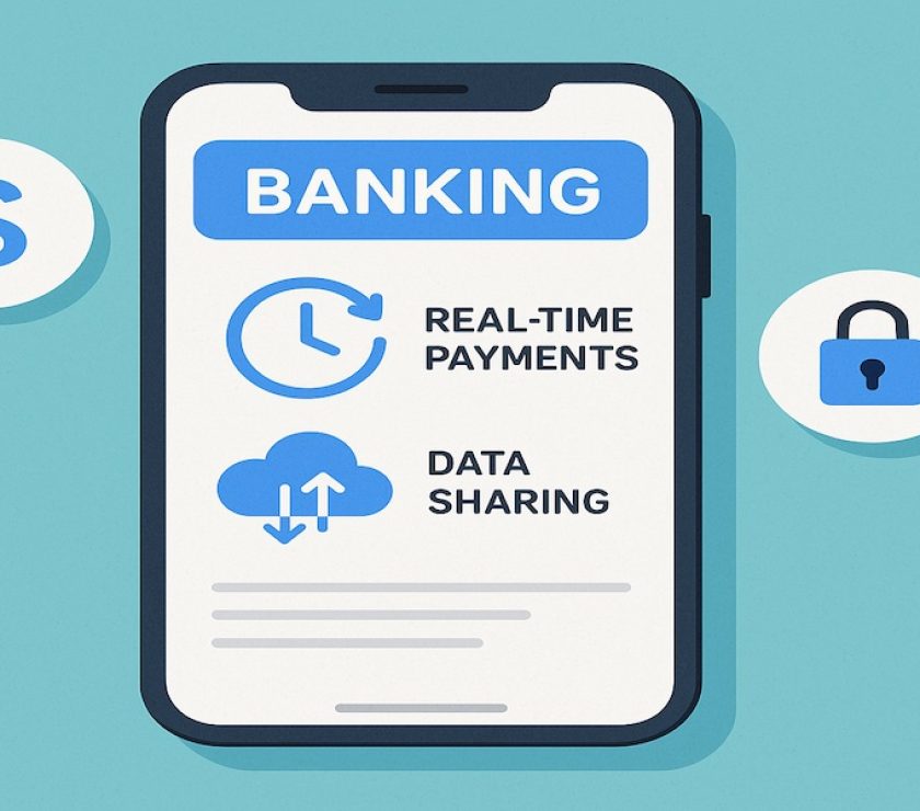 Image of of smartphone with banking app showing real-time payments and data sharing icons