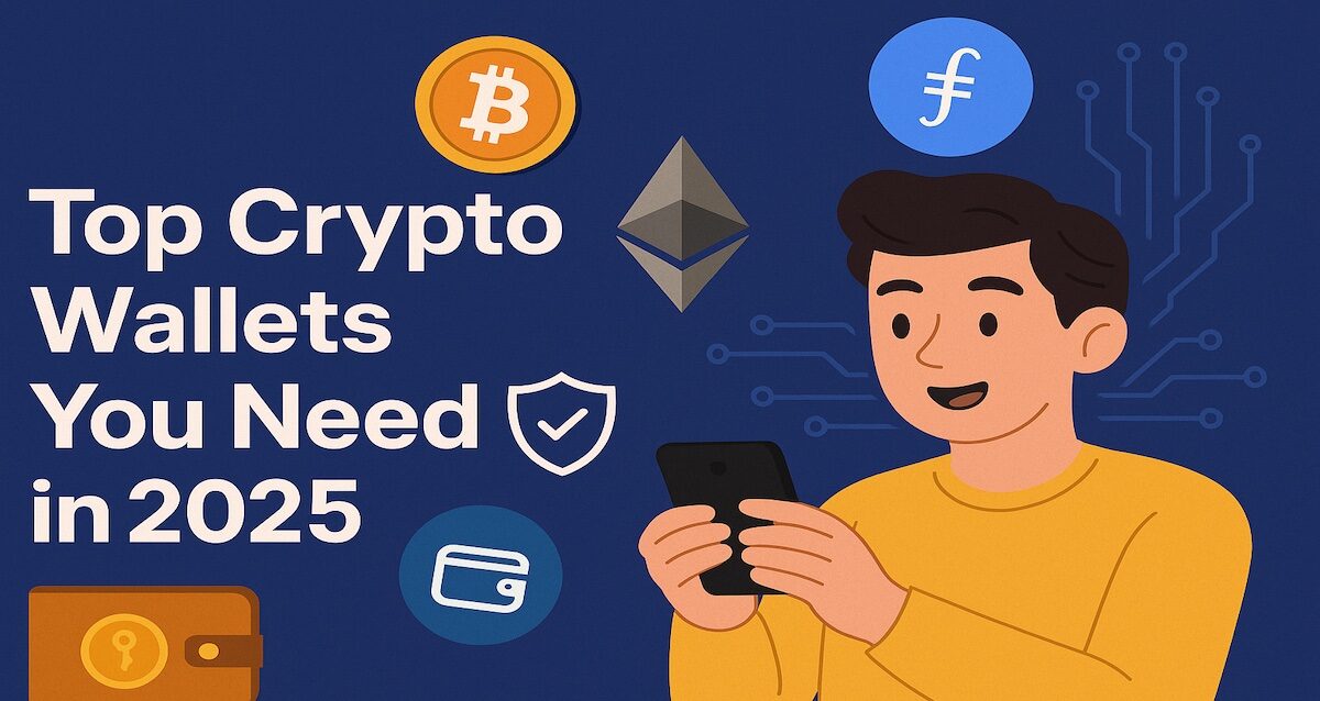 Illustration of man looking at top crypto wallets on his phone