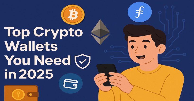 Illustration of man looking at top crypto wallets on his phone