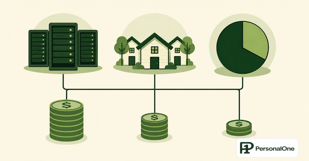 Three icons — a data center, a manufactured home, and a pie slice — each connected to a coin stack, representing different alternative real estate investment categories and their entry costs.