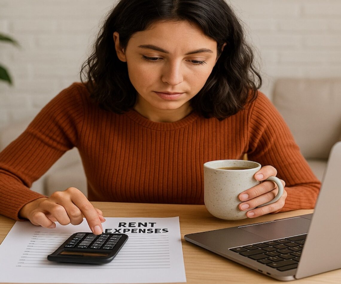 Young woman experiencing rent anxiety while calculating rent expenses with laptop and coffee