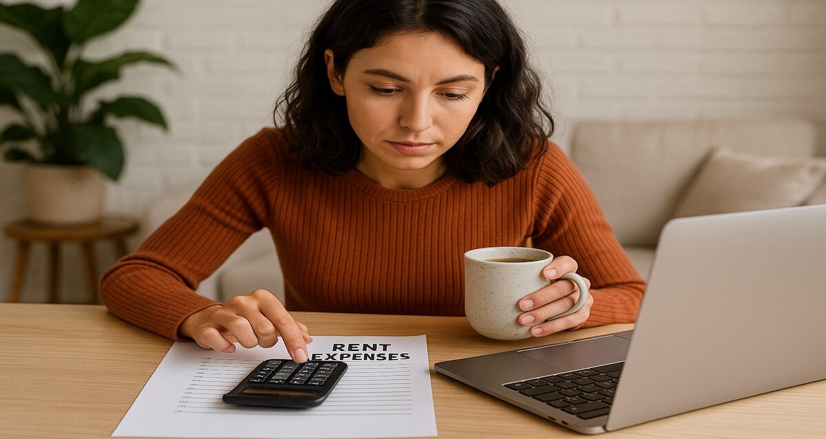Young woman experiencing rent anxiety while calculating rent expenses with laptop and coffee