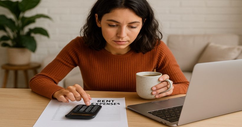 Young woman experiencing rent anxiety while calculating rent expenses with laptop and coffee