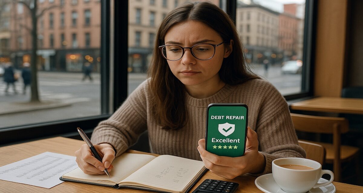 Millenniall woman calculating debt repair analyst.