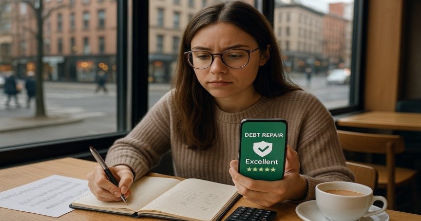 Millenniall woman calculating debt repair analyst.