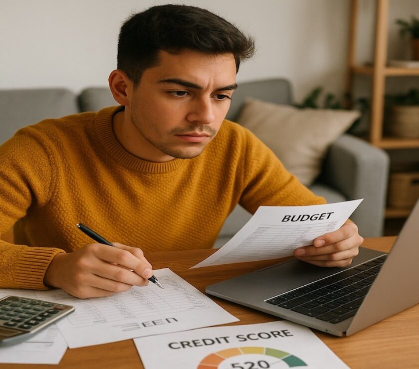 Young Millennial reviewing finances on laptop while budgeting to rebuild credit